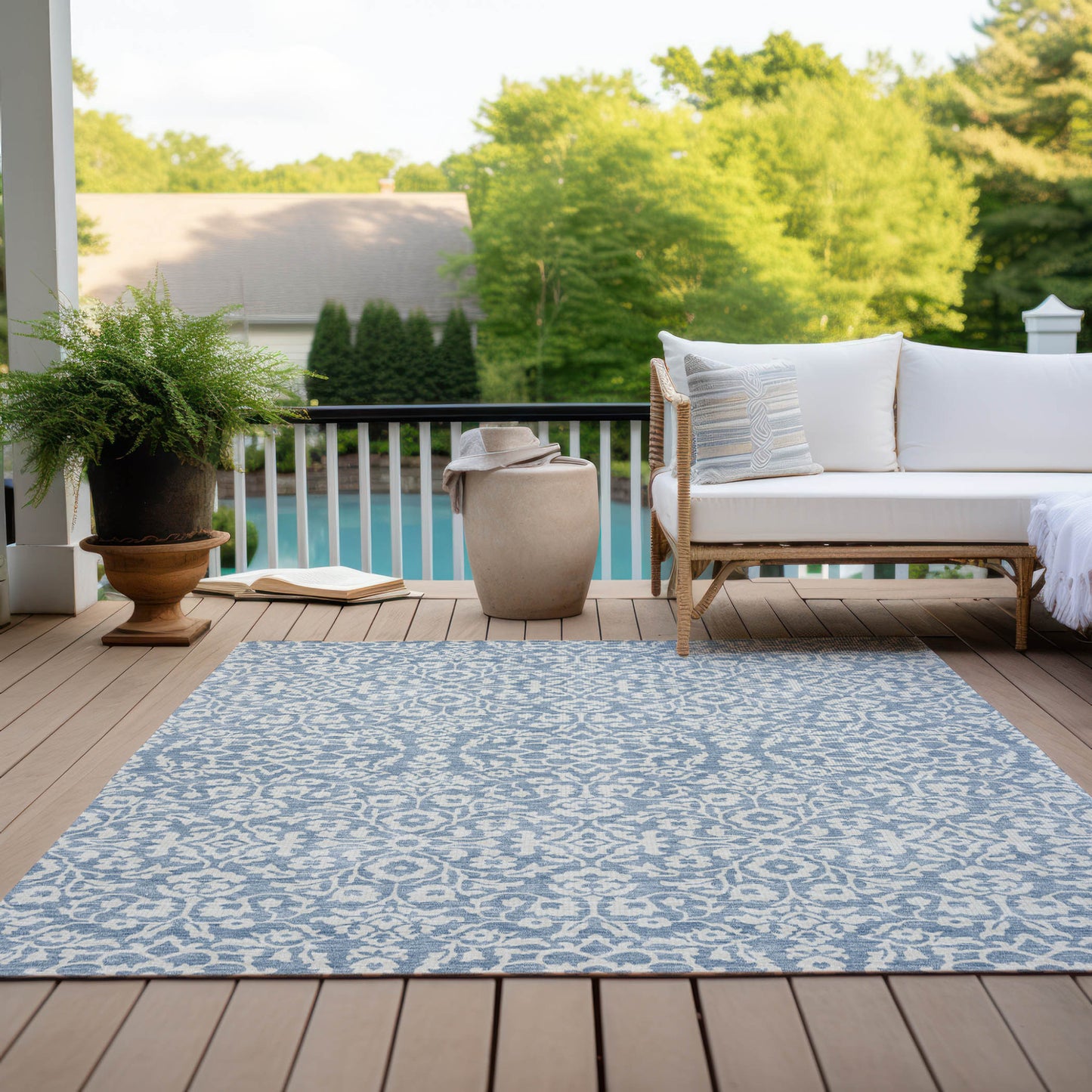 9' X 12' Denim Blue And Ivory Damask Washable Indoor Outdoor Area Rug-8