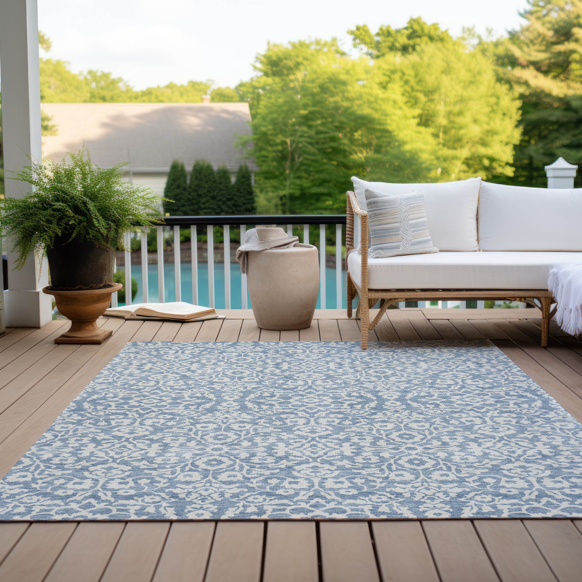 9' X 12' Denim Blue And Ivory Damask Washable Indoor Outdoor Area Rug-8