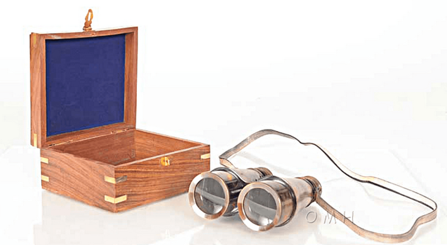 Antique Brass Binoculars With Leather Overlay In Wooden Case-0