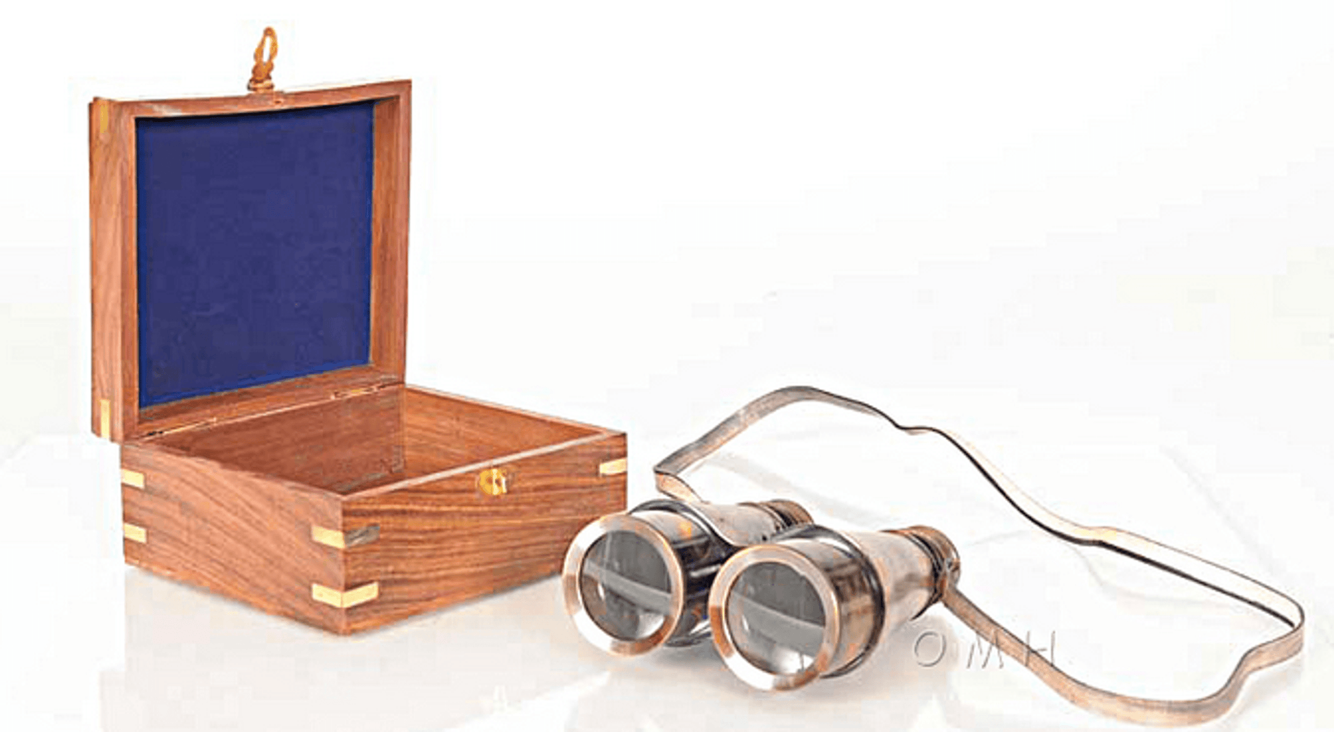 Antique Brass Binoculars With Leather Overlay In Wooden Case-0