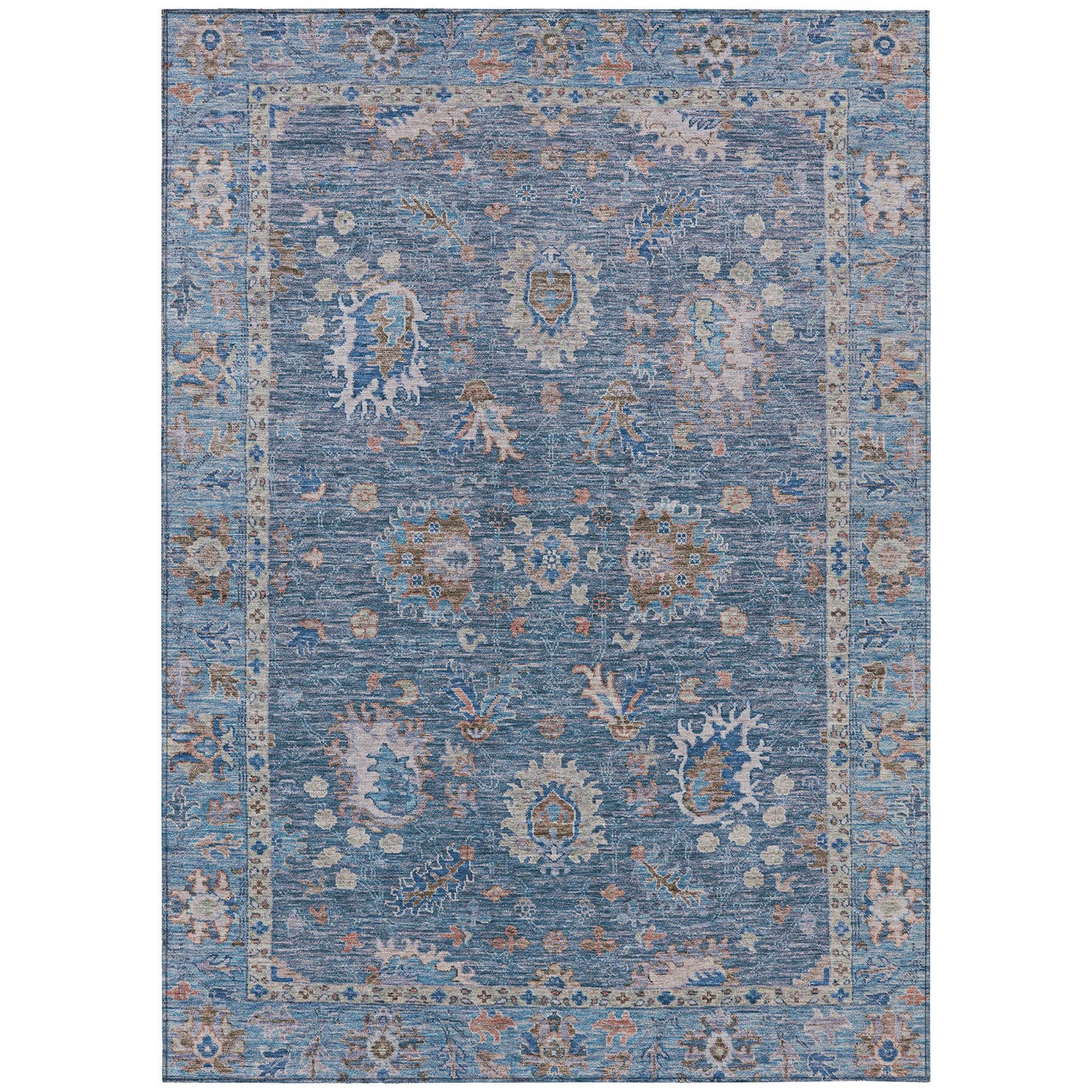 5' X 8' Blue And Beige Floral Washable Indoor Outdoor Area Rug-1