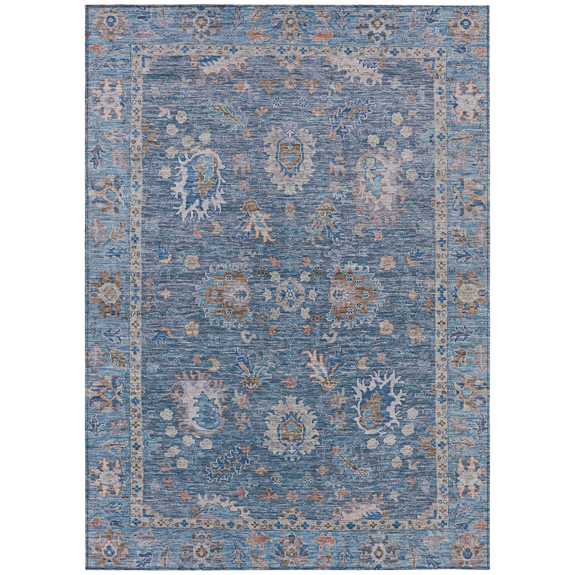 5' X 8' Blue And Beige Floral Washable Indoor Outdoor Area Rug-1