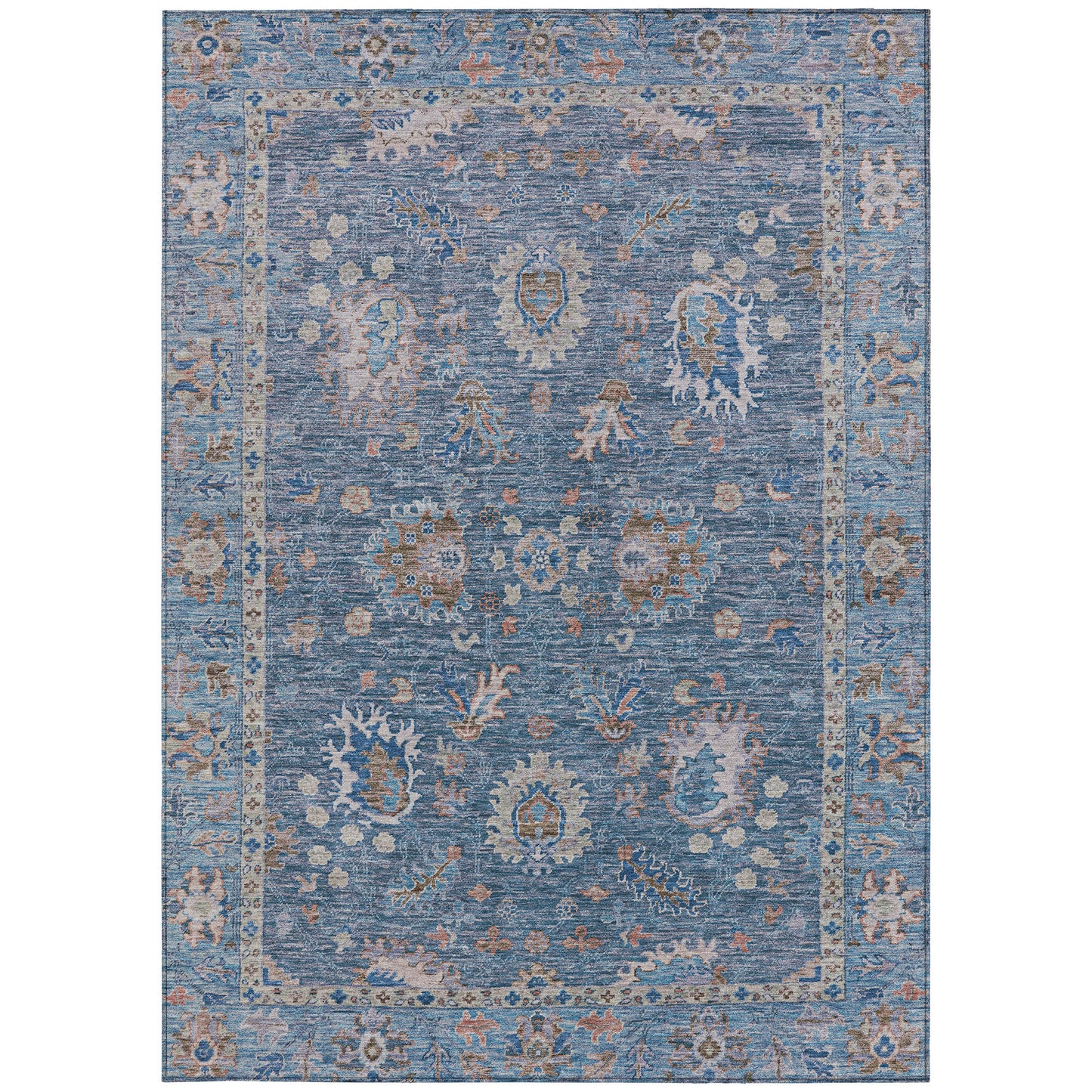 5' X 8' Blue And Beige Floral Washable Indoor Outdoor Area Rug-6