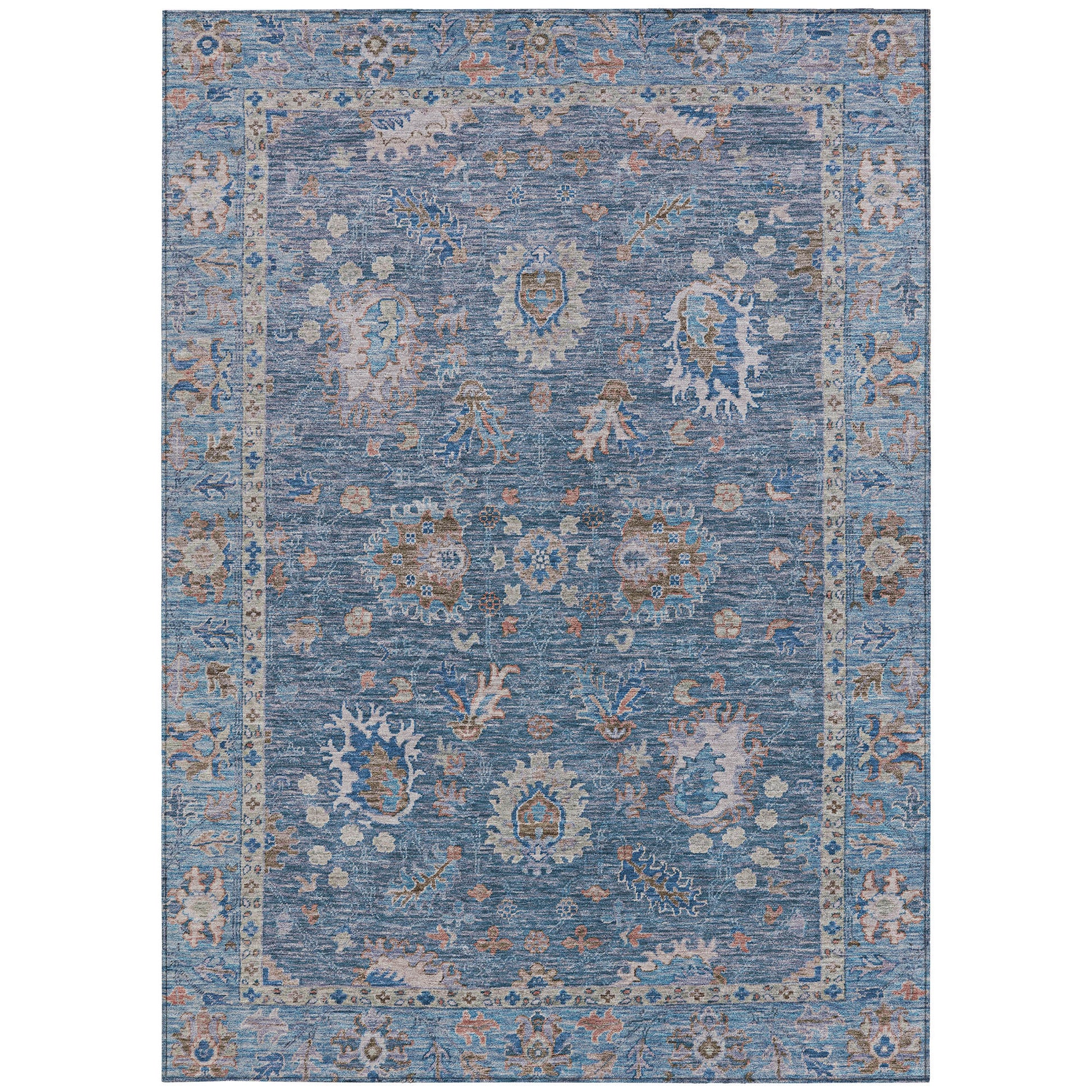 5' X 8' Blue And Beige Floral Washable Indoor Outdoor Area Rug-6
